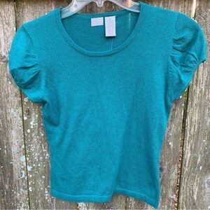 HEART short sleeve blue green puff sleeve sweater top cotton cashmere